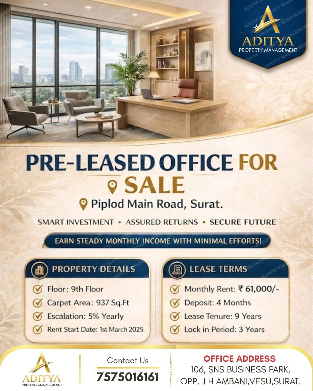 Pre-Leased Office for Sale In Piplod Main Road, Surat. in Piplod
