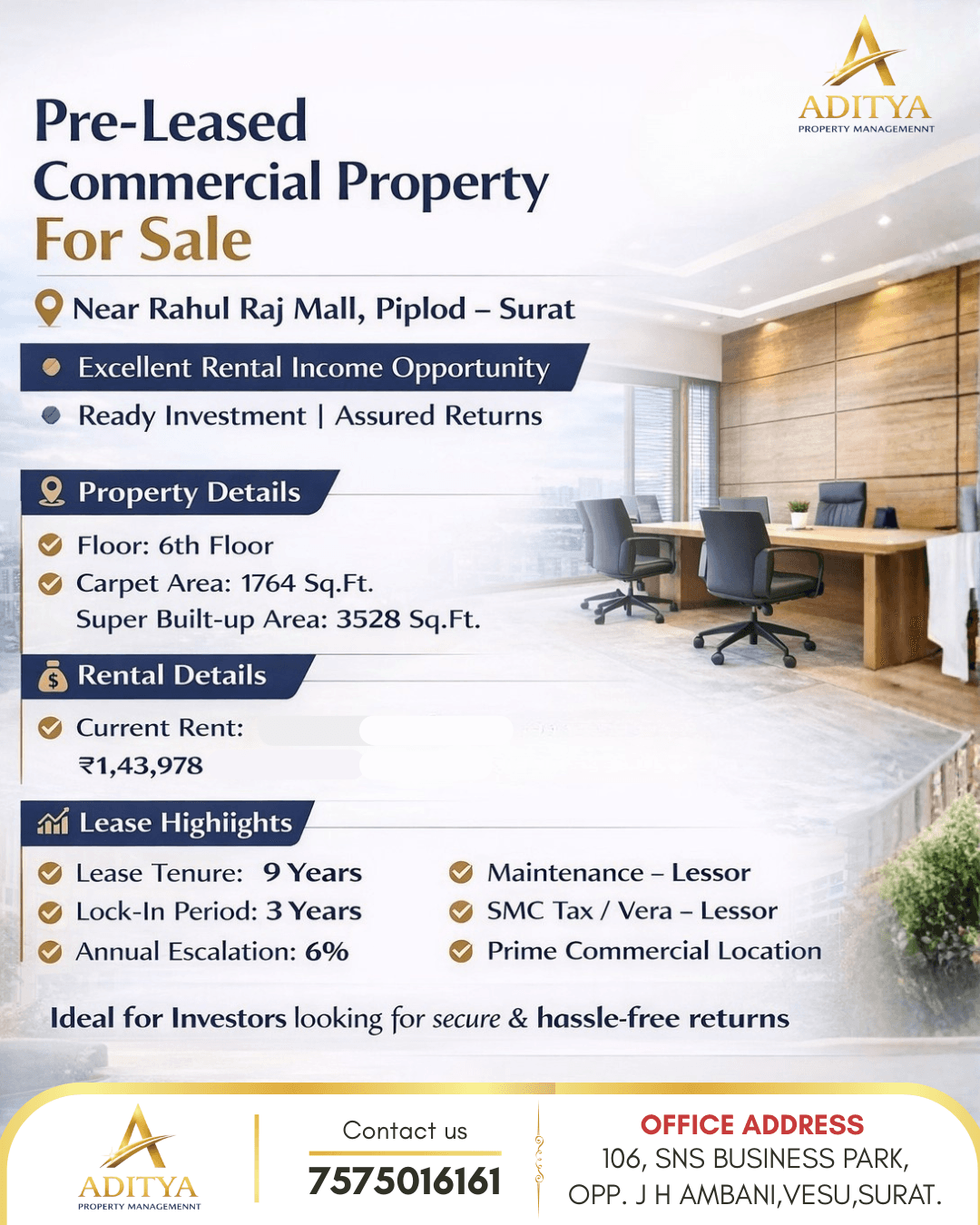 Pre-Leased Commercial Space for Sale in Piplod, Surat. in Piplod