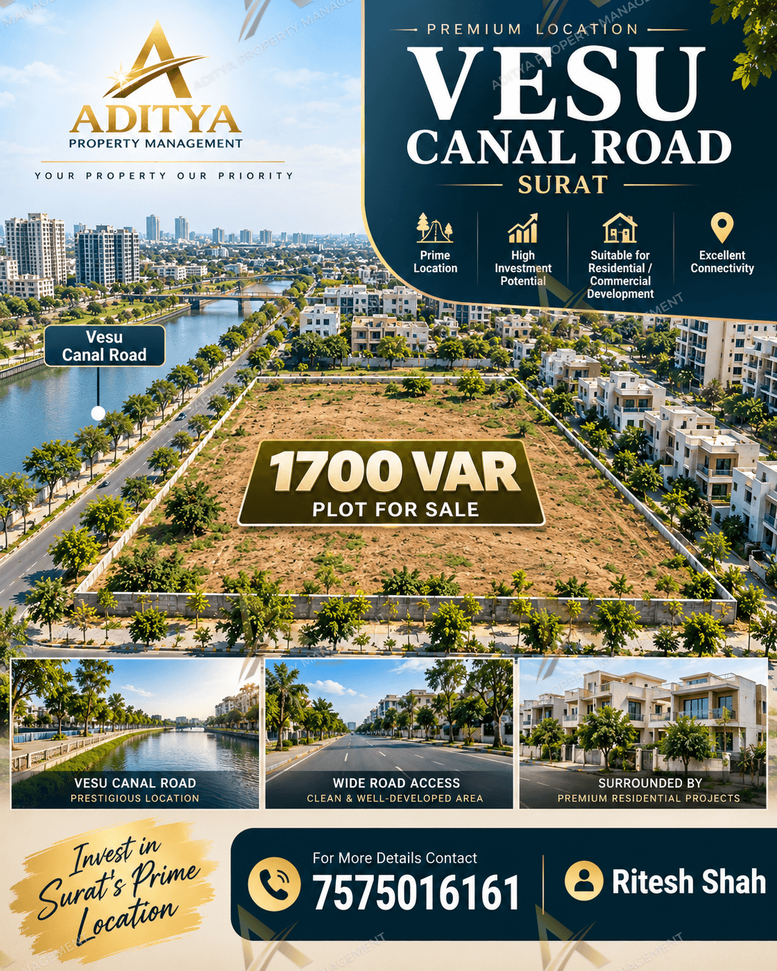Premium 1700 Sq.Yds. Land for Sale On Vesu Canal Road, Surat. in Vesu